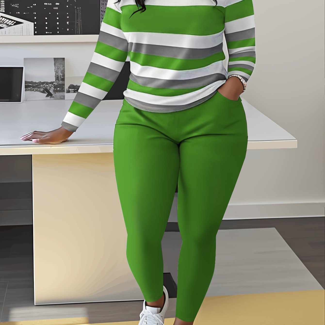 Unique Women's Striped Casual Set- Green And White, Long Sleeve Round Neck Top And Pants with Pockets, Weight Polyester Blend, Machine Washable, Comfortable Clothing| Pants| Polyester Blend