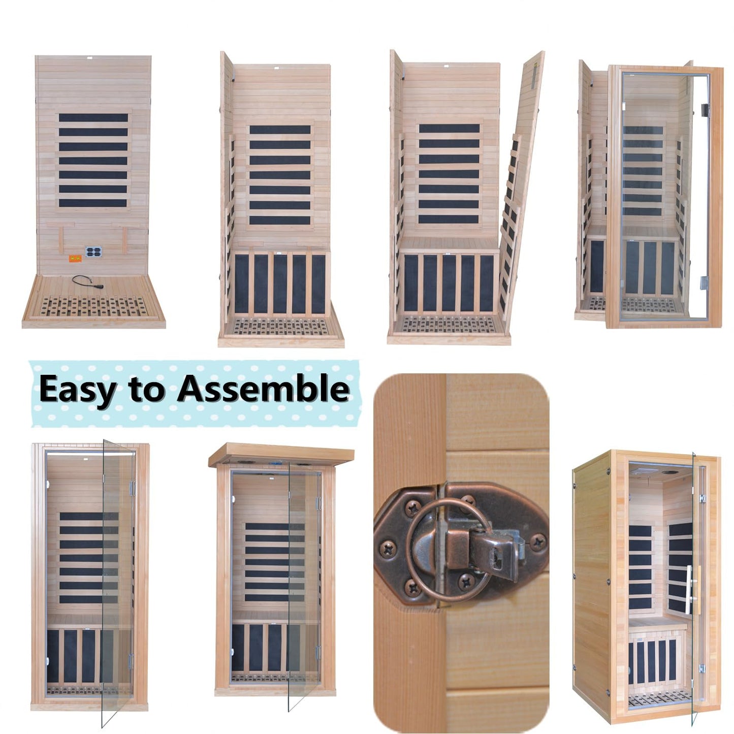 Home Infrared Sauna Room with Graphene Carbon Plate Heater - Canadian Hemlock Wood Cabin, Low-EMF Full-Spectrum, //AUX Stereo & FM Radio, Door & Roof - Portable Indoor Sauna for Spa,