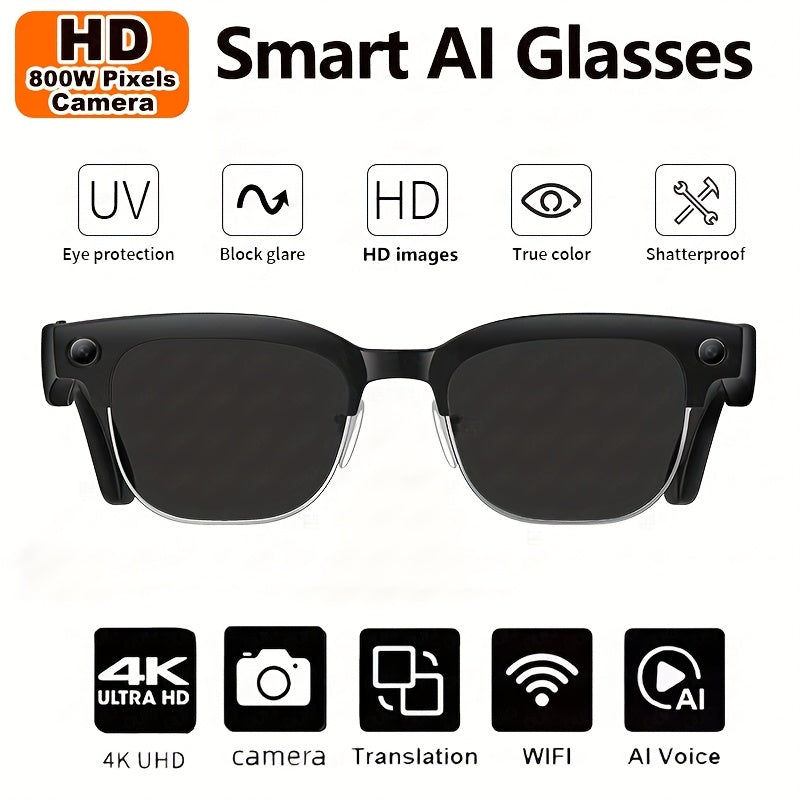 New Smart AI Glasses for Photo And Video Recording, with 800W Pixel Ultra-wide Camera, High-definition Video 1080P, Anti-shake for Photography And Video, Blue Light Blocking, Dual-mic Noise Reduction, AI Voice Control, Wi-Fi