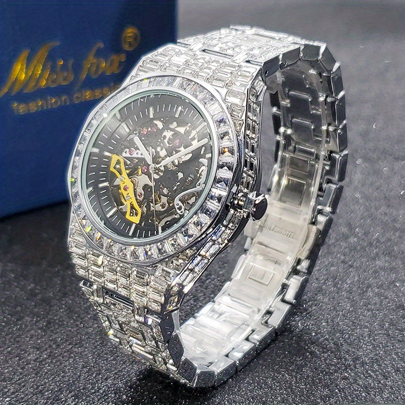 Automatic Hollow Mechanical Watch Men'S Tourbillon Mechanical Watch Luxury All Rhinest Glass Transparent Bottom Men'S Watch Gift, Without Battery
