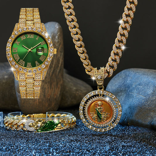 Fashion Watch Set St. Jude Rotating Coin Pendant & Bracelet&Watch Set - 3pcs Iced-Out Rhinestone Fashion Jewelry for Men and Women