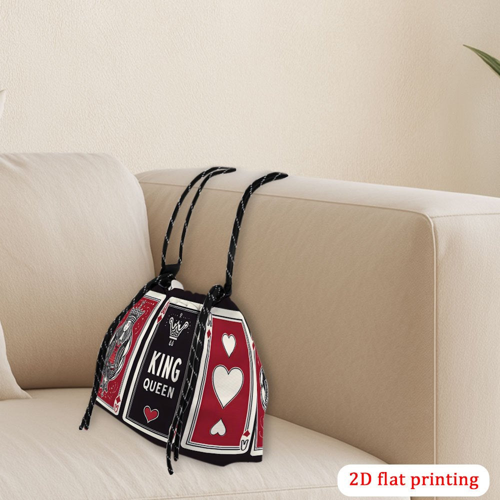 1pc Women's King & Queen Playing Card Print Crossbody Bag - Vibrant Red/Black/White Design with Hearts & Spades, Lightweight Drawstring Closure, Reusable Polyester Purse for Weddings, Parties, Travel, Everyday Use - Gift Idea