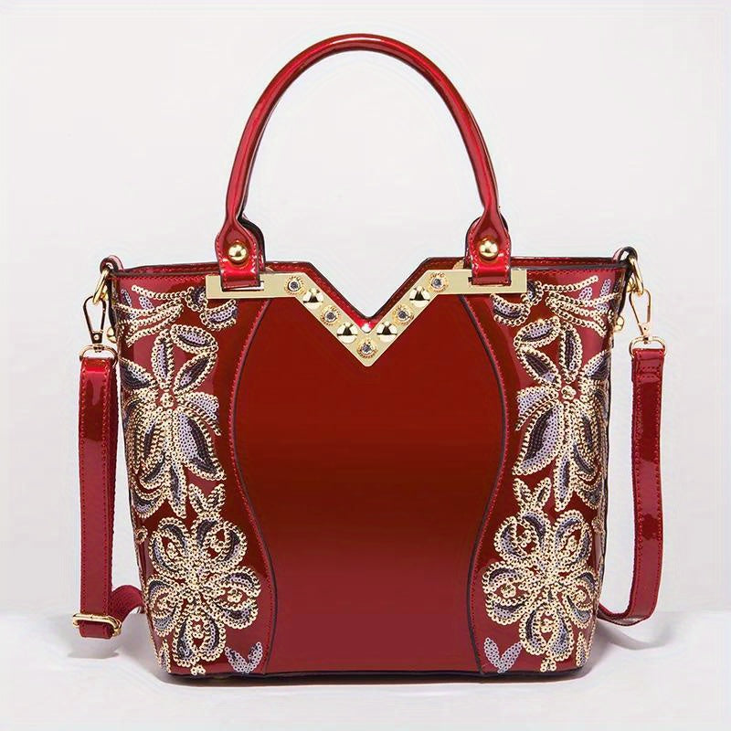 Designer Floral Embroidery Patent Leather Handbag for Women, Large Capacity Shoulder Tote with Zipper Closure, Polyester Lined, Paint Detail, Party Bag