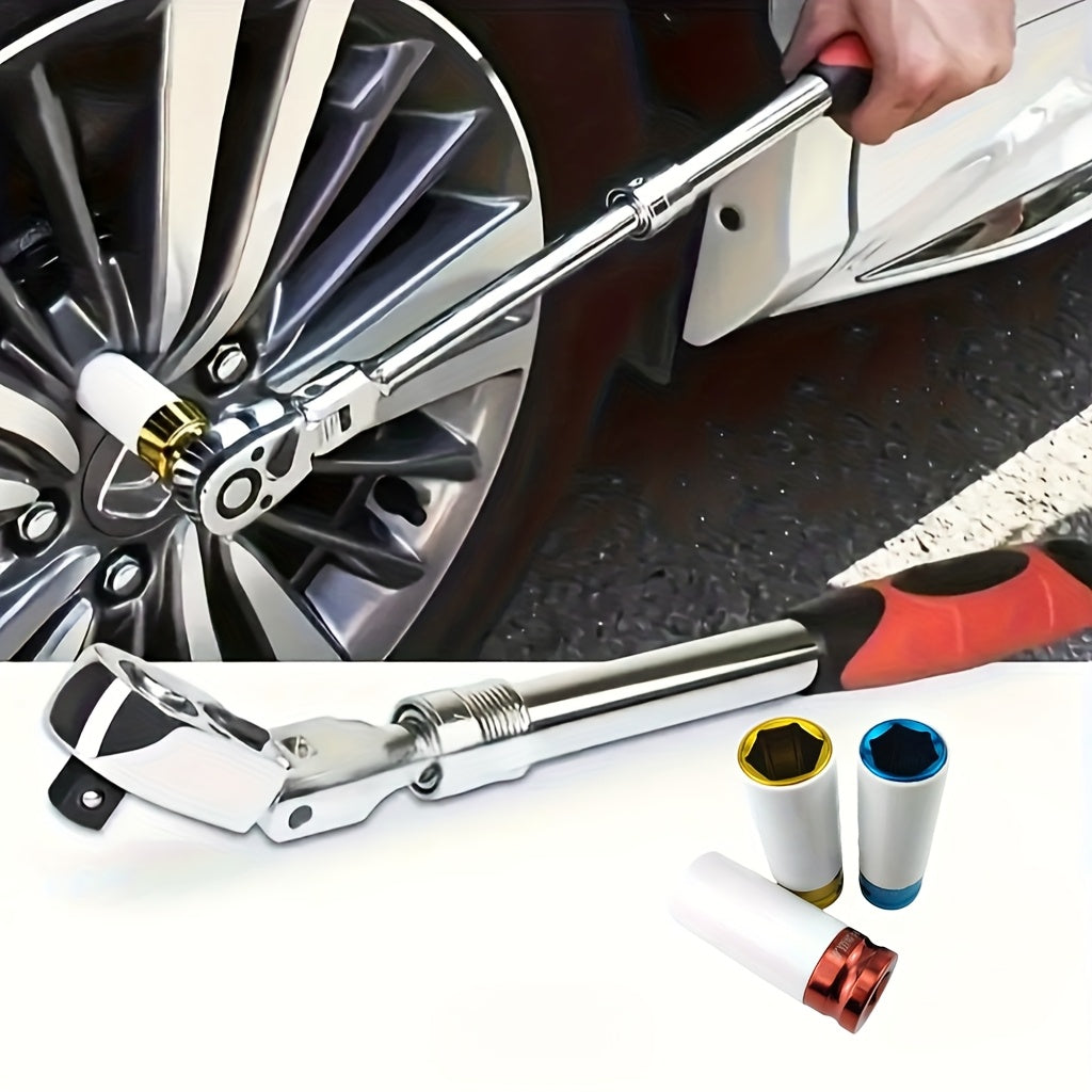 4pcs wheel hub protection hexagonal deep socket/ratchet wrench set, 1/2" drive, metric 17, 19, 21mm wheel guard six-point deep socket, 1/2" oscillating and telescopic ratchet wrench, automotive wheel hub nut tightening tool