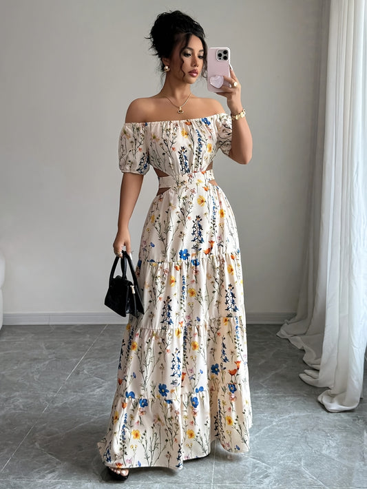 French Romantic Style One-Shoulder Bubble Sleeve Flower Dress Low Back Design Trendy Vacation Maxi Skirt