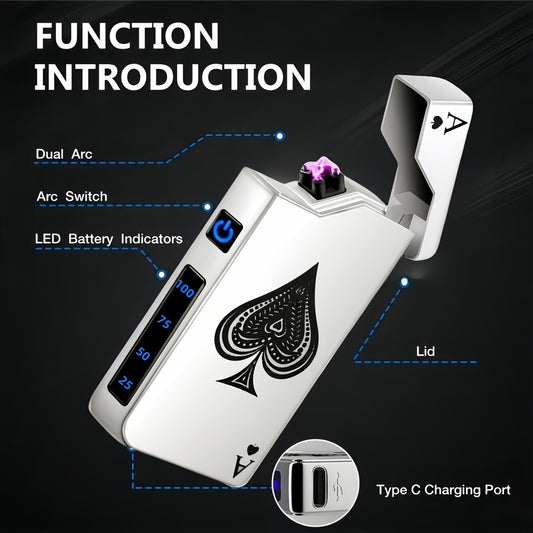 Windproof Dual Arc Lighter, USB C Electric Lighter, Rechargeable USB Lighter, Designed by Parker, Featuring a Spade A Pattern, Wind-Resistant, Suitable for Candles, Incense Sticks, Outdoor Camping, Hiking, a Gift for Men