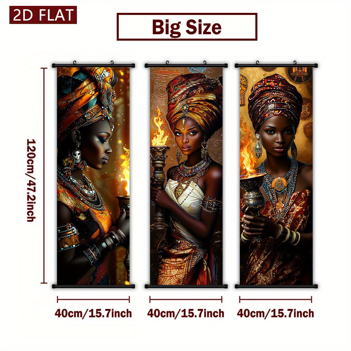 2D Flat, 2D/FLAT-3 African Flame Theme Women's Scroll, High-Quality Art Hanging Painting, Fade-Resistant & Odorless Modern Decor for Living Room, Bedroom, and Kitchen