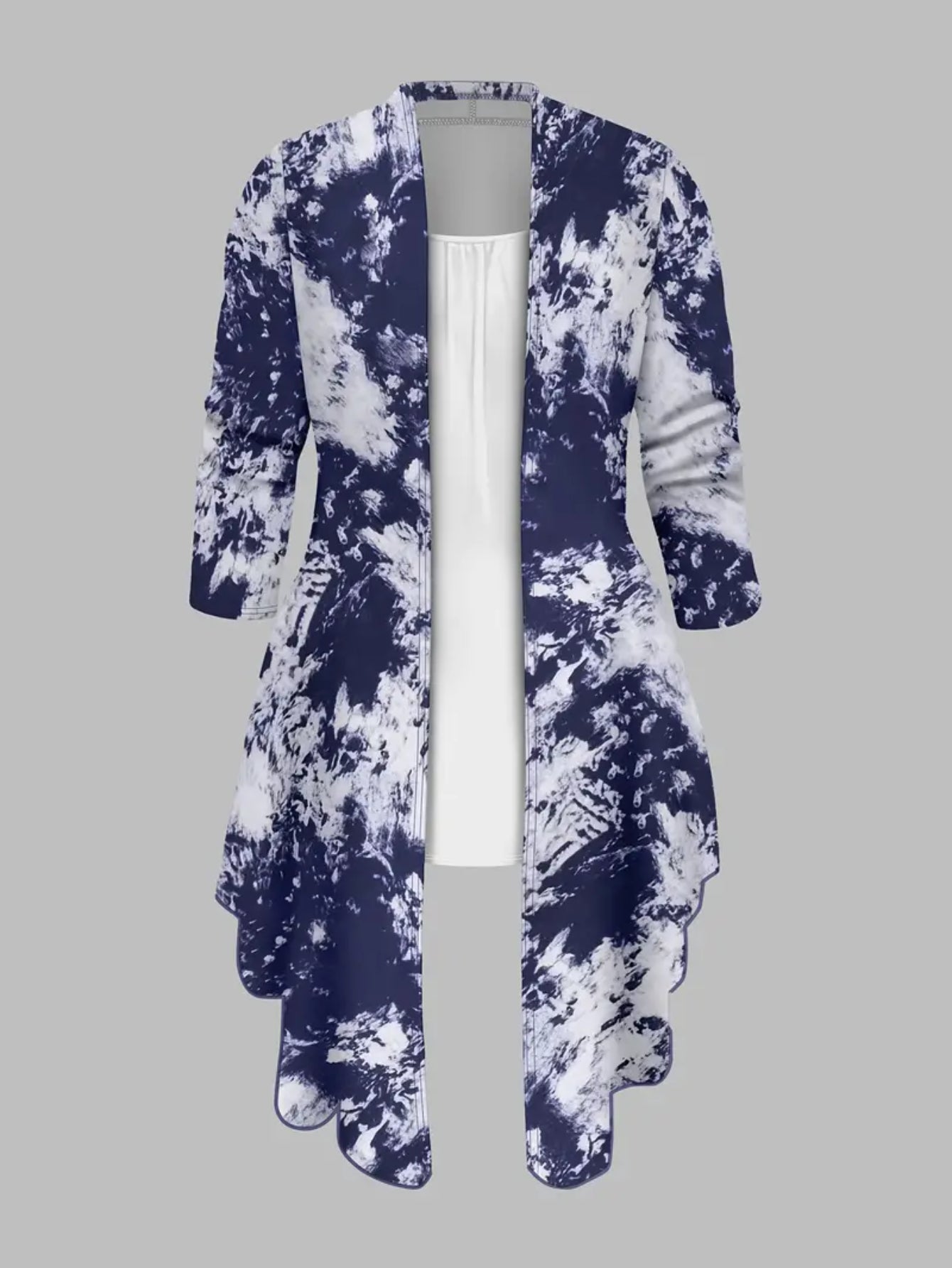 A Blue And White Tie-Dye Three-Piece Set: Long Cardigan + Top + Denim Trousers. Women'S | Stylish And Casual Design, Suitable for Everyday Outings And Casual Wear.