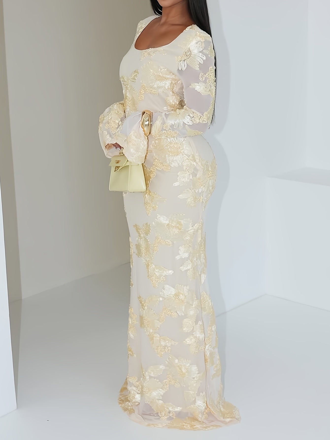 Women'S Elegant Floral Printed Long Dress | Round Neck, Flared Sleeves, Classic and Dignified, Suitable for Formal and Casual Events, Office, Weddings, Machine Washable, Long Length