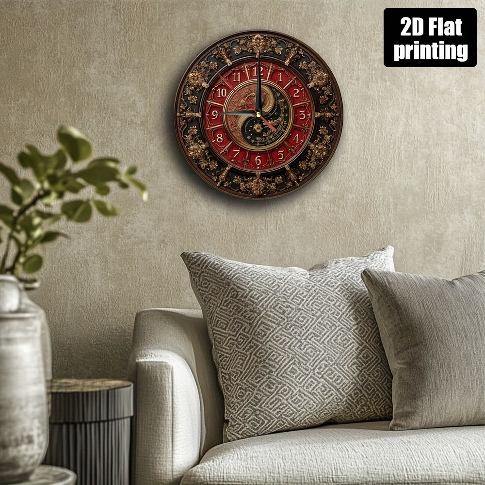 1pc Tai Chi Yin Yang Symbol Round Wall Clock - Large Easy-to-Read Face, Quiet Non-Ticking Artificial Wood Round Clock for home, Office,, Bedroom - Chinese Meditation Gift (9.8x9.8 Inch, Not Included), 2D Flat