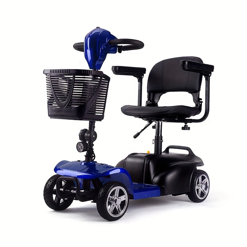 Mobility Aids for The, Four-wheel Foldable Mobility Scooters for Adults, 250w 12V, 12ah 15 Mile Long Range, with LED Headlights And A Detachable Storage Basket. Comes with A Tool Kit, Charger, And Instruction Manual.