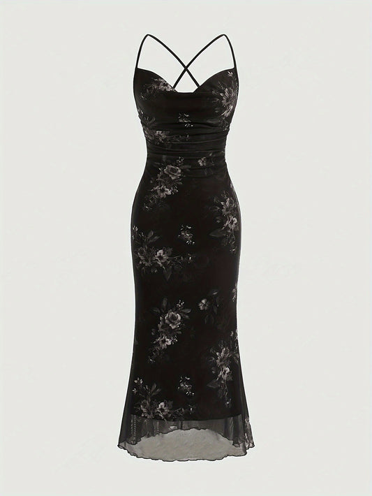 Vintage Elegant Cocktail Party Spaghetti Strap Printed Mesh Midi Dress for Women