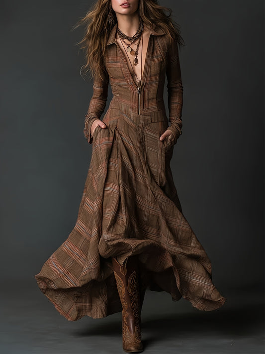 Brown Retro Checkered Print Stand-up Collar Front Zipper Long Dress, Casual, Elegant And Fashionable for Outings And Dinners