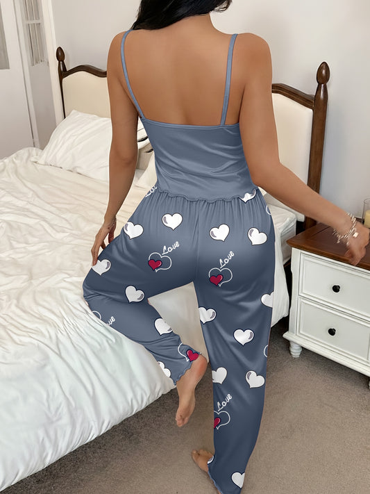 Casual Women'S Blue Pajama Set with Two Hearts Alphabet Spaghetti Strap Top and Long Pants | Comfortable All-Season Sleepwear for Adults
