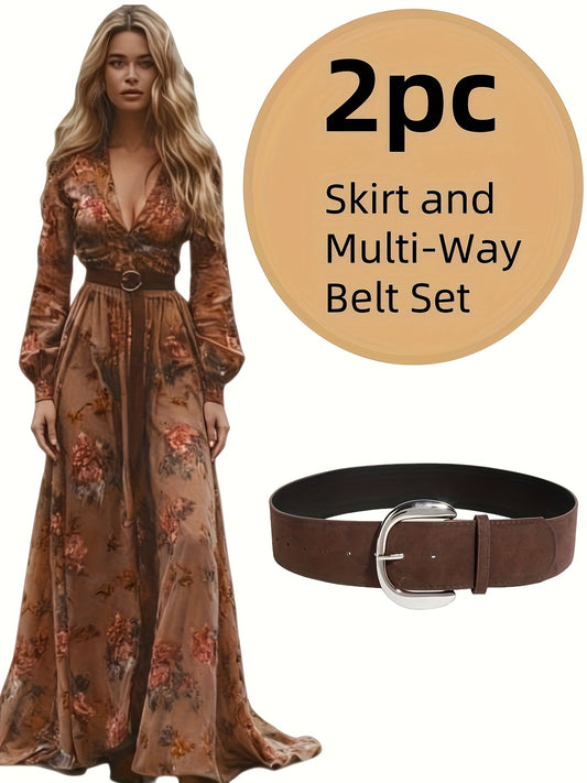 Maxi Dress for Women with a Tan Floral Design - Long Sleeve Bohemian Dress Featuring a Deep V-Neck.
