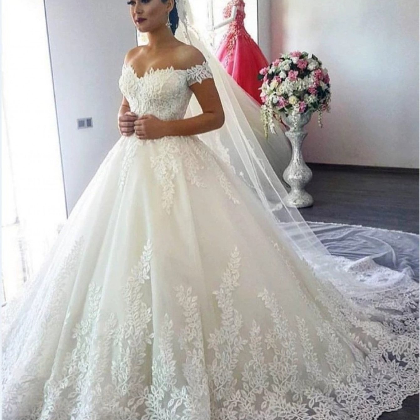 Sweep Train Wedding Dress | New White, Off the Shoulder, Fit and Flare, Elegant Style, Contrast Lace Detail, Perfect for Adult, Covering Belly for Pregnant Women