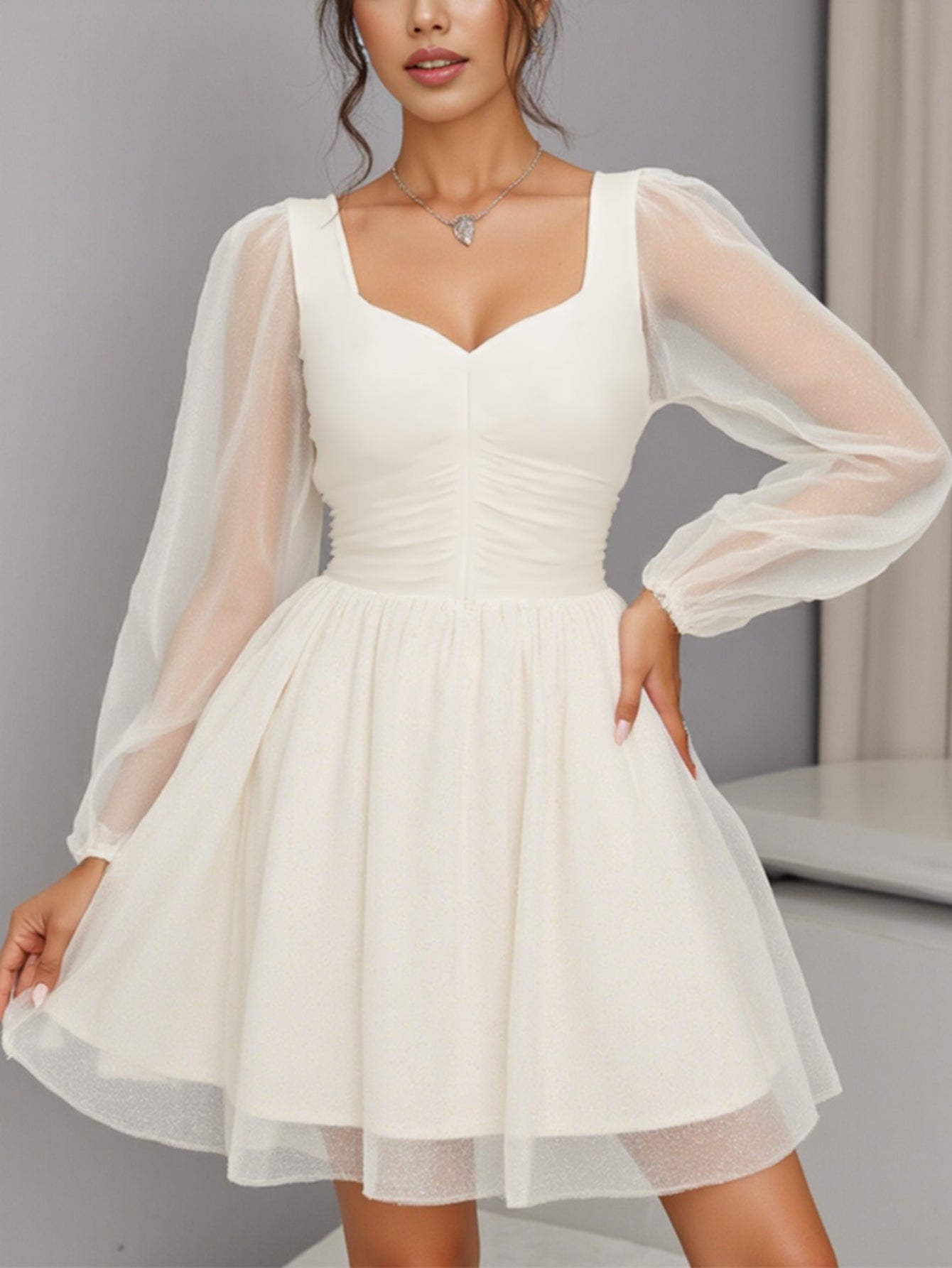 Women's White Mesh Formal Gown - A-Line Dress with Bubble Sleeve & Square Neck - Fitted Waist-Cinching Short Party Dress - Short Train-like for Weddings, Prom, Dates - Breathable Semi-Sheer (Machine Washable)