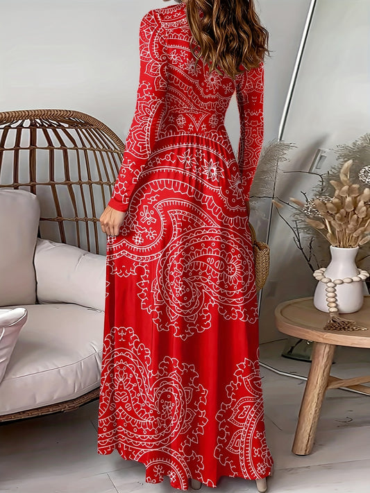 Plus Size, Women's Elegant Paisley Print V-Neck Split Dress - Long Sleeve -Line Dress with Thigh Slit, Fitted Summer Wedding Guest Dress, Machine Washable Elegant Gown for Special Occasions