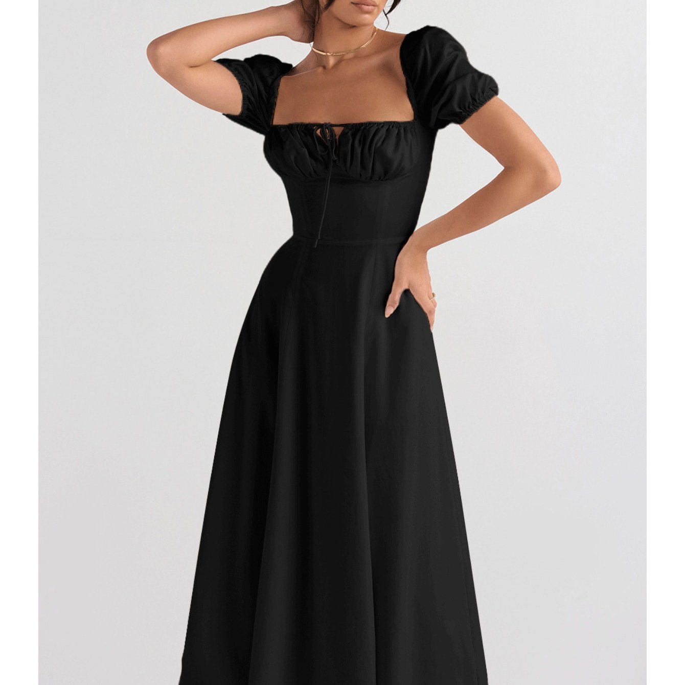 Elegant Puff Sleeve Tie-Waist Dress | High Waist Design, Off the Shoulder, Solid Color, Flared Hem, Midi Length for Spring/Summer Fashion