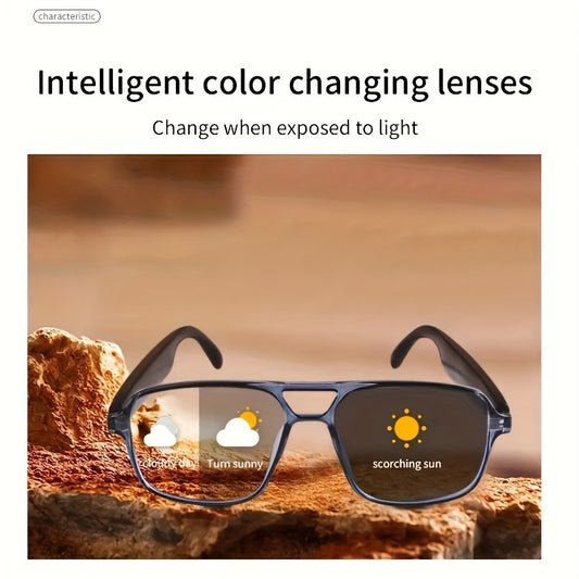 Smart Glasses with Built-in Speaker & Color-Changing Lenses. Features Open Ear Audio, Touch/ Voice Control, Anti-Blue Light, USB-C Charging. Lightweight & Durable Frame for Running, Fishing, Rock Climbing. Includes Case - The