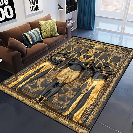 Egyptian Three Golden Men Carpet - Machine Washable Luxury Mat with Golden & Design, Rectangular Floor Mat for Living Room, Bedroom, Office, Outdoor - Durable Polyester Home Decor Mat, Rugs For Living Room, Bedroom Accent, El