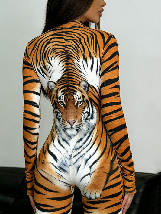 Women's Sexy Tiger Print Bodysuit - Full-Body Jumpsuit with Half-Zip Collar & Long Sleeves, Slim-Fit Stand Collar One-Piece Outfit for, & Streetwear - Machine Washable Tiger Stripe Attire (Year-Round Wear)