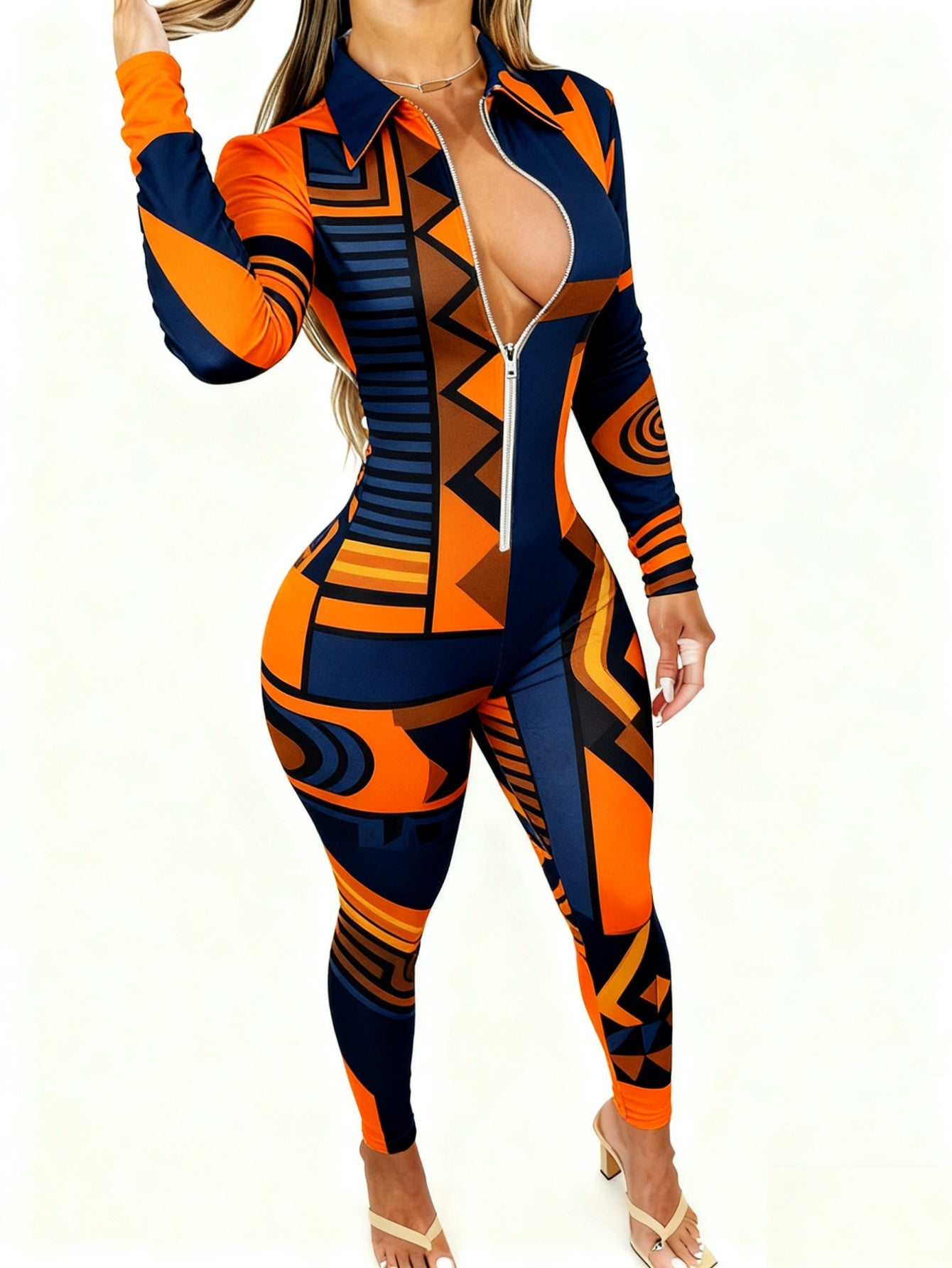 Women's Lightweight Full-Body Animal Print Jumpsuit - Zipper Front Long Sleeve Suit, Tight-Bodied One-Piece for All-Season Casual Wear, Machine Washable y Outfit ( Collar)