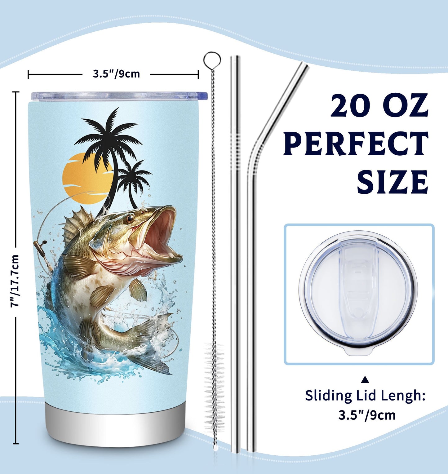 1pc 20oz Stainless Steel Insulated Fishing Tumbler with Cleaning Brush - Double-Wall Vacuum Insulation, Leakproof & -Slip Grip, BPA-Free Travel Mug with Fish Design & "Eat Sleep Fish Repeat" Slogan, Spill-Resistant Lid for Ho