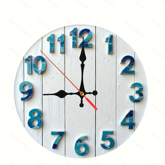Modern Minimalist White & Blue Large Round Wall Clock with Black Hands - Silent Non-Ticking - Easy-to-Read Black Hour Markers, Wood Frame for Living Room, Bedroom, Kitchen Decor - Ideal Gift for Easter, Christmas, Thanksgivin