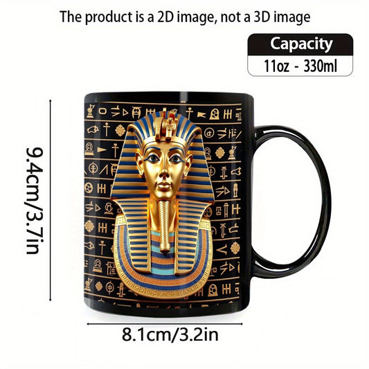 1pc Egyptian Pharaoh Tutankhamun King Tut Golden Mask Design Black Ceramic Mug - 11oz Durable Coffee Cup with Hieroglyphic Print, Ideal Gift for Birthdays, Anniversaries, History Lovers & Egyptian-Themed Home Decor