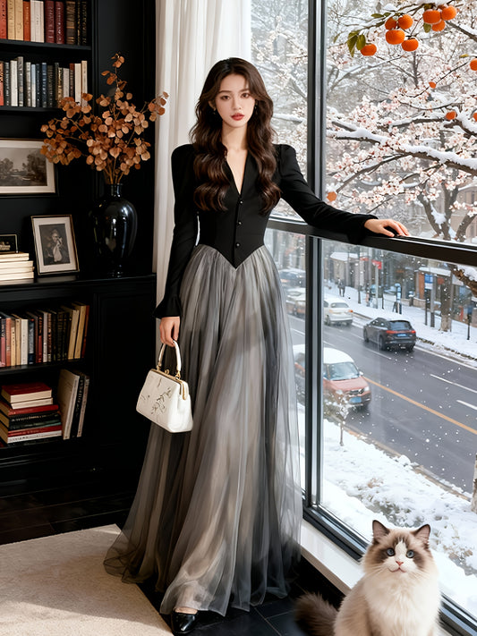 Women's Elegant V-Neck Long Sleeve Debutante Dress - Fitted Bodice & Full Train Skirt, Solid Color Mesh Gown for Weddings, Proms, Galas - Machine Washable Spring/Autumn Formal Wear 2025 New Collection