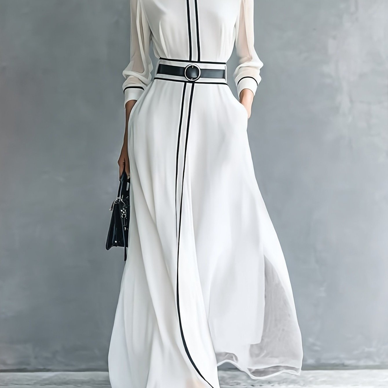 ARTPAGE Spring French Elegant Color-Block Long-Sleeve Dress with High Neck, Chiffon Long Skirt, and Belt