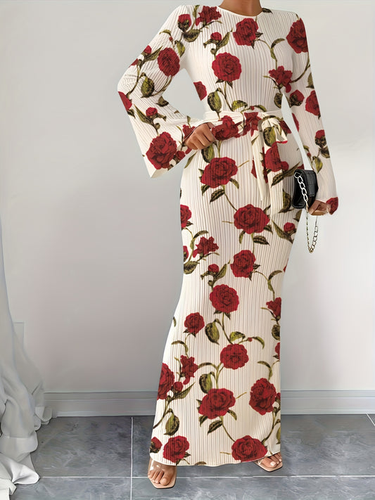 Women's Elegant Pleated Fabric Flared Long Sleeve Dress for Autumn and Winter