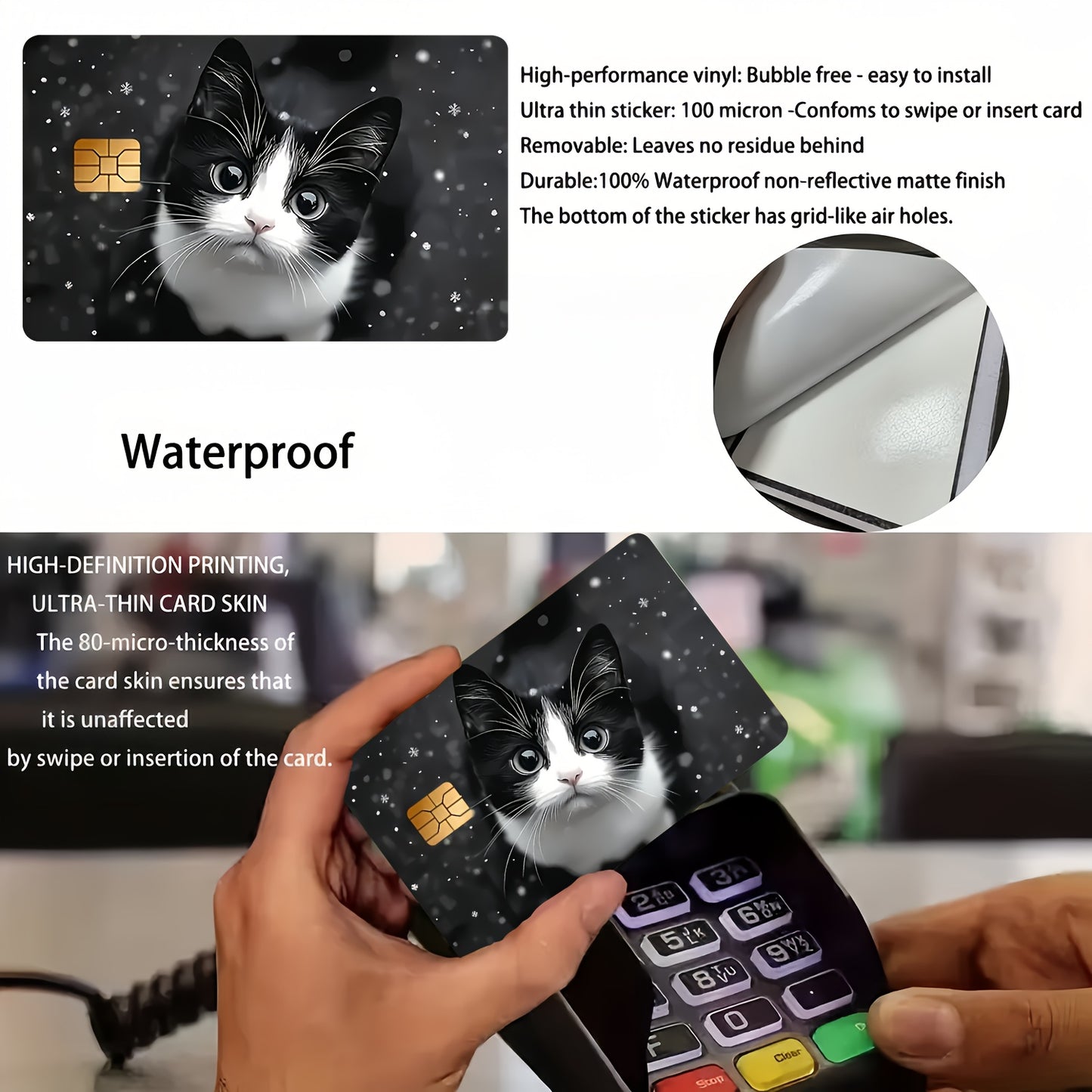 2pcs Cute Black and White Kitten Waterproof Stickers for Credit Card Light Beige Cover, Ultra-Thin, High-Quality, Scratch-Resistant, Suitable for Credit Cards, Bank Cards, Bus Cards, Removable Self-Adhesive for Most Cards, Id