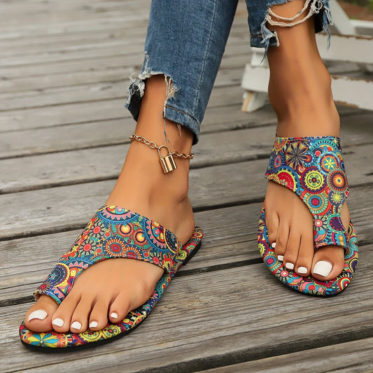 Women's Bohemian Floral Slide Sandals - Slip-On Open Toe Summer Shoes with Pink, Lightweight Flat Sandals for Beach, Casual Outfits - Easy Slip Closure & Non-Slip PU Sole, Beach Footwear