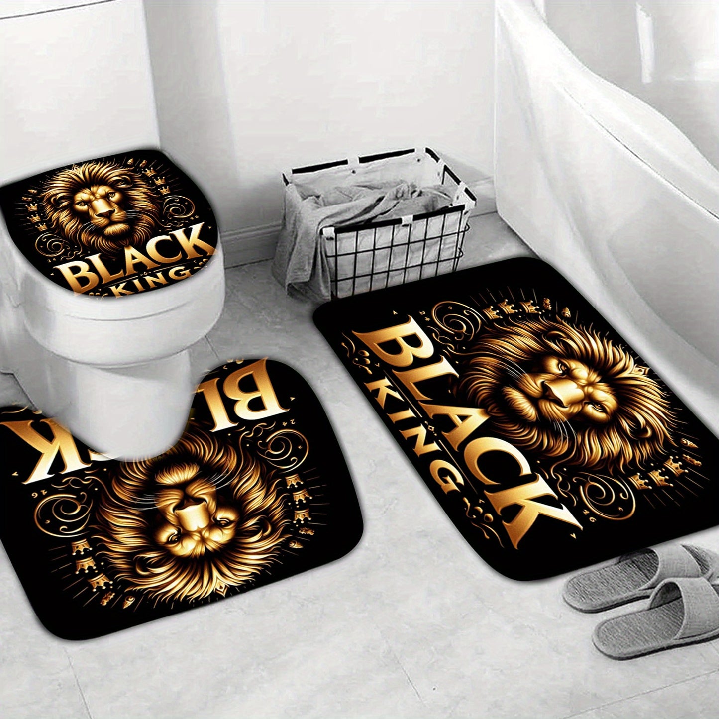 1/ 3/ 4pcs Lion Pattern Bathroom Curtain, Toilet Cover Cover, Shower Curtain with 12 Plastic Hooks, 72 Inches X 72 Inches (Available in Single or Triple or Quad)