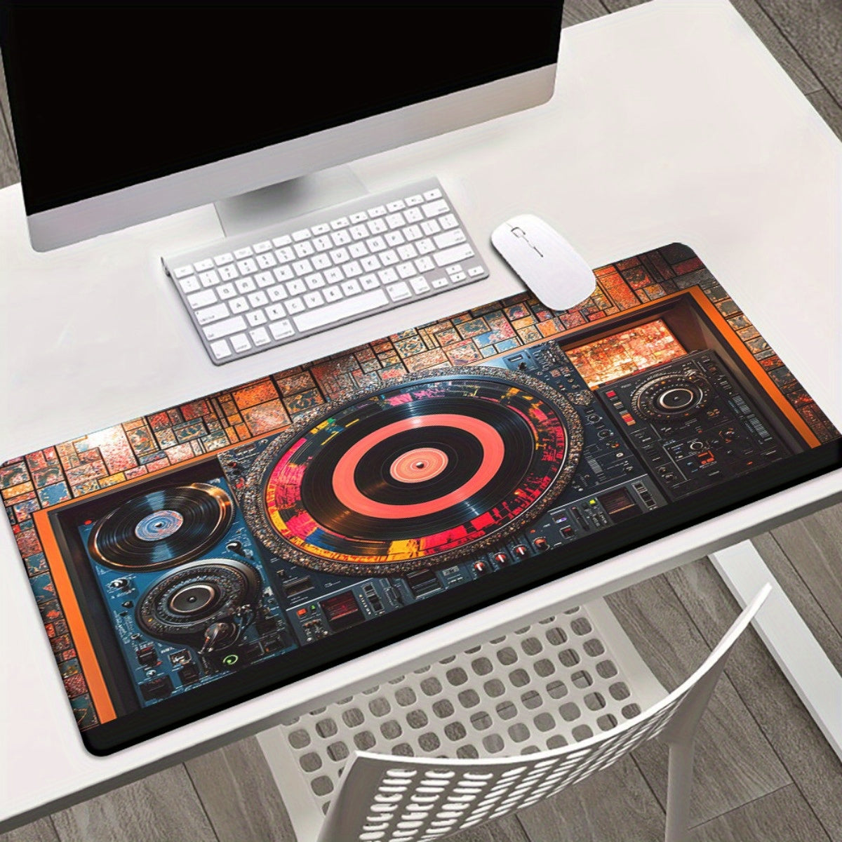 1pc XXL Large DJ Turntable Design Desk Mat - Realistic DJ Equipment Replica with Vinyl Records & DJ Mixer Layout, Non-Slip Gaming/Office Computer Keyboard & Mouse Pad for PC Gamers, Music Producers, DJ Setup Accessories, Comp