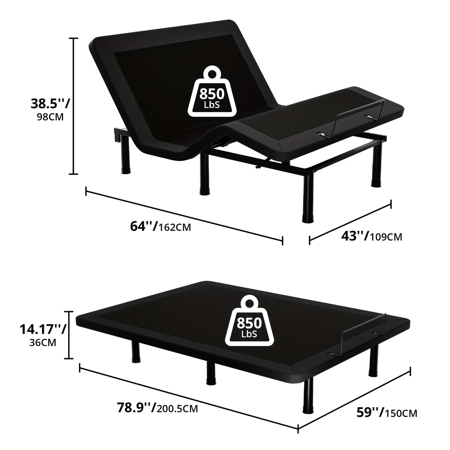 SmileBack Adjustable Bed Frame With Wireless Remote, Electric Bed Frame, Head And Foot Incline, Adjustable Leg Heights Bed Base