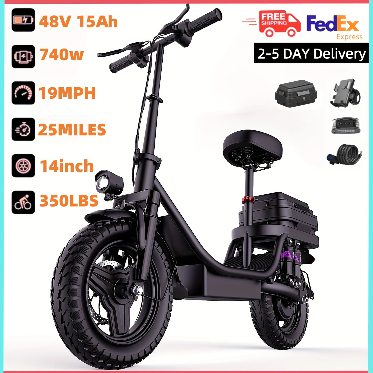 Peak Power 740W Electric Scooter With Free Seat & Basket - 48V10/15AH Battery, Dual Suspension, 20MPH, 10-35 Miles, LCD Display, 330lbs Max Load (Best For Commuting) Folding Ebike Adult Mini Electric Bike Equipped With Intell