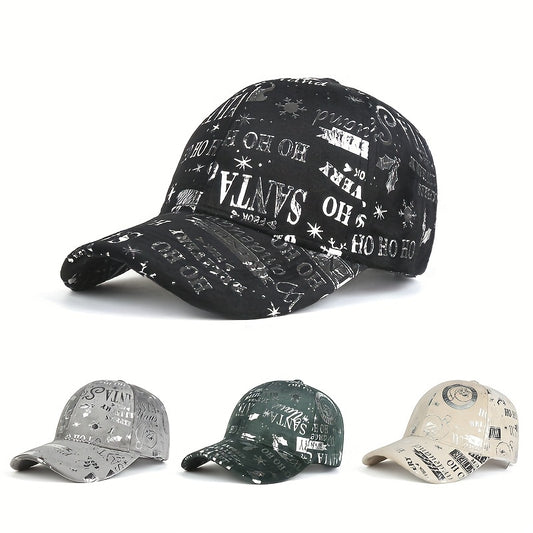 1pc Christmas Reflective Baseball Cap Adjustable Lightweight Polyester Vintage Distressed Six-Panel Street Style Cap with Random Print Patterns (Stars/Hearts/Music Notes) - Unisex Casual & Festive Holiday Accessory, Streetwea