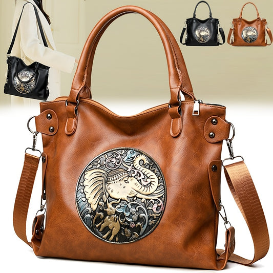 Women'S Large Capacity Tote Bag with Adjustable Strap - Elegant Black & Golden Animal Print (Elephant, Leopard, Lion, Tiger, Dragon) - Durable Synthetic Faux Leather-like Texture, Spacious Everyday Purse for Work, Travel, Ver