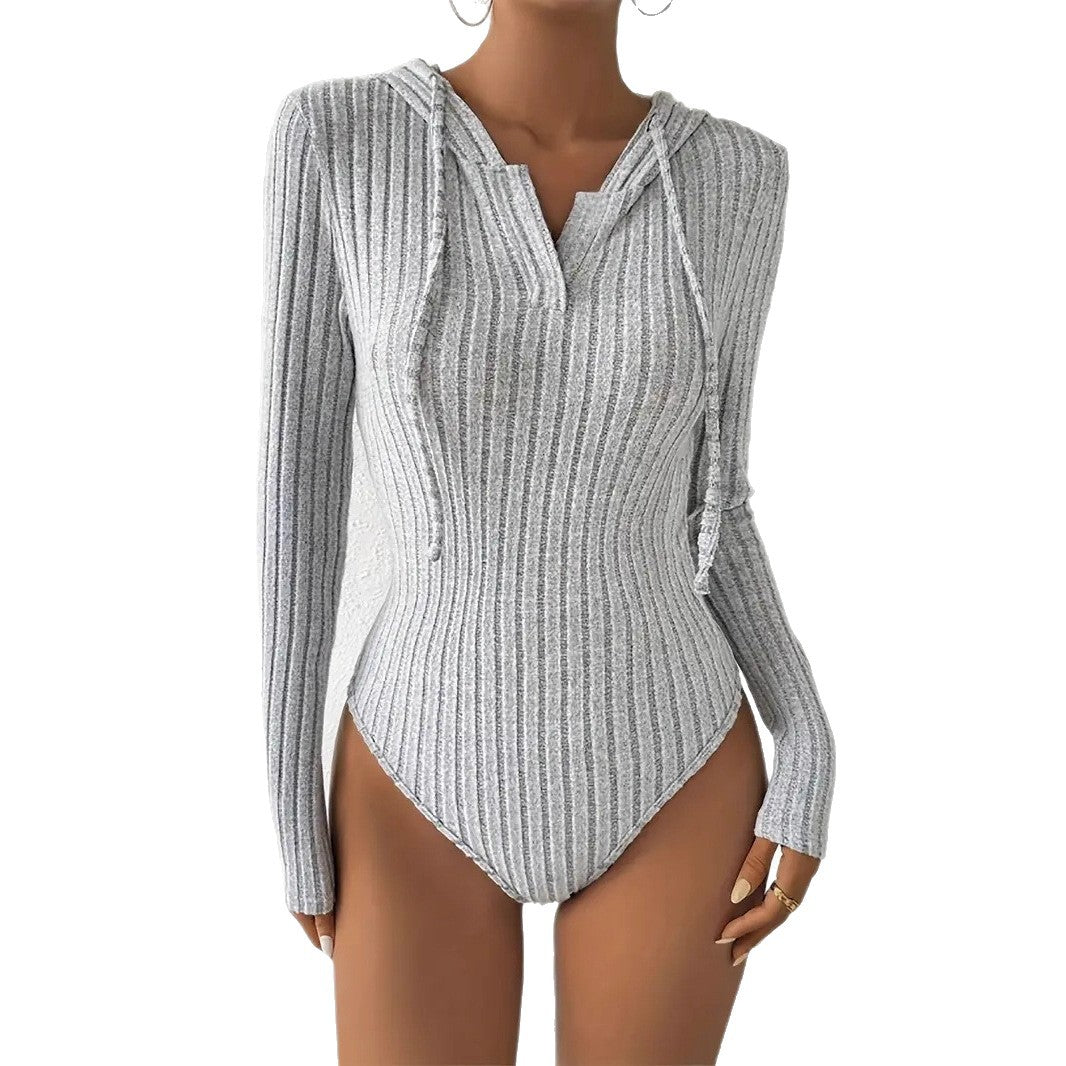 Women's Jumpsuit, V-neck Hooded Jumpsuit for Women, High-slit Bikini-style Slim-fit Loungewear, Brushed Ribbed Hooded Solid Color Jumpsuit and Romper