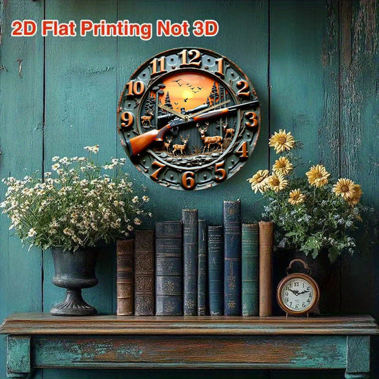 1pc Winchester-Inspired 12-inch Rustic Cabin Wall Clock - Silent Non-Ticking Quartz Movement, Vintage Hunting Decor with Rifle, Moose, Deer, Pine Trees & Sunset - Easy-to-Read Black Numerals - Perfect for Living Room, Cabin,
