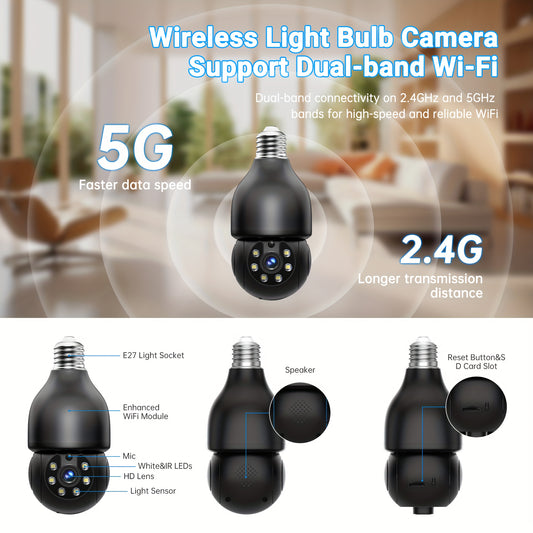 2K FHD Smart Bulb Security Camera - Wireless Indoor Light Socket Cam With 360° Panoramic PTZ, 5G/2.4G WiFi, Motion Tracking & Auto Alerts, Color Night Vision & Two-Way TalkFHD