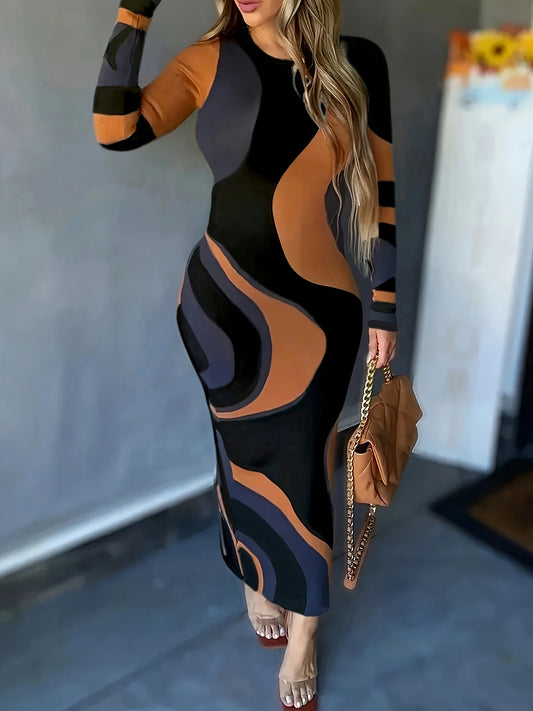 Women'S Long-Sleeve Bodycon Dress with a Round Neck And Wave Pattern Print