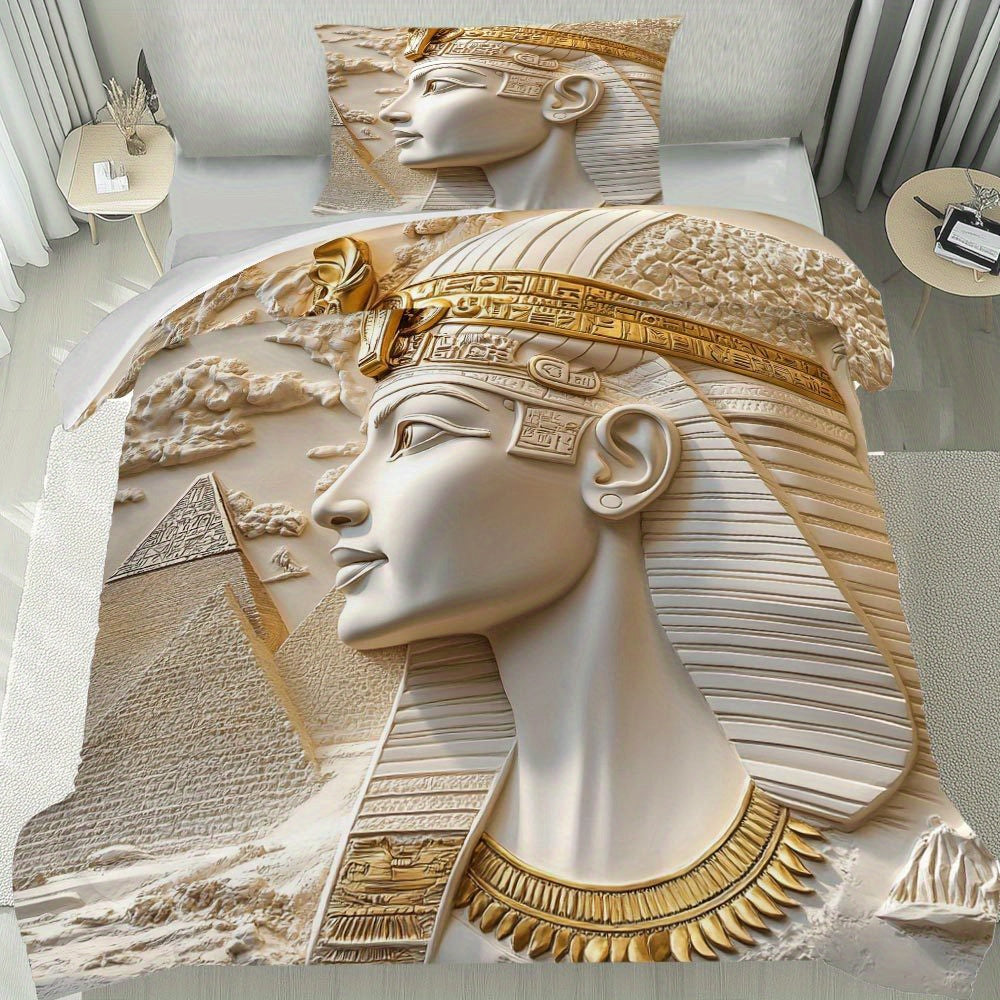 MOKALALA 3pcs Egyptian Pharaoh Bedding Set - King Tutankhamun Design with Golden & Beige Ancient Egypt Patterns, 1 Duvet Cover + 2 Pillowcases, All-Season Luxury Bedspread for Themed Home Decor, Christmas Gift Idea, Machine W
