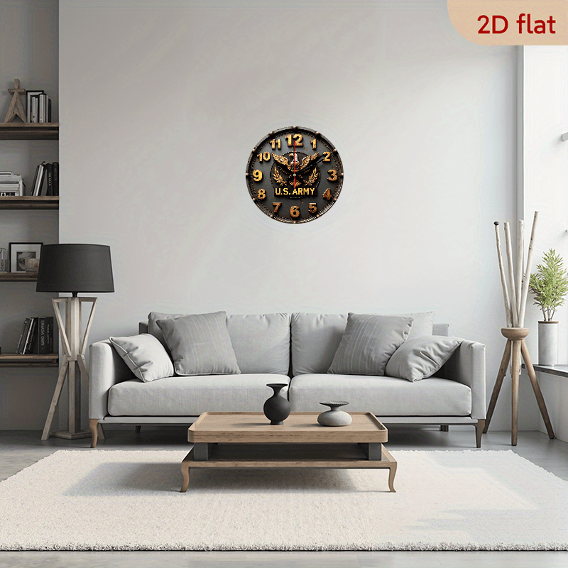 9.8" U.S. Army Silent Wall Clock - 2D Flat Printed Eagle Olive Branch Design, Artificial Wood Quartz Battery Operated (AA), Non-Luminous Military-Themed Home Decor for Living Room, Bedroom, Coffee Area, Clock for Living Room,