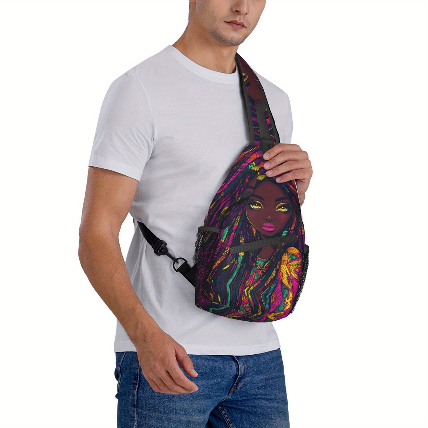 Women's African Print Crossbody Bag - Large Capacity Chest Bag with Zipper Closure, Bold African Woman Portrait in Purple, Blue, Yellow, Green, Red - Durable Gym, Travel, Everyday Bag for Women - Easy-Care Hand Washable Desig
