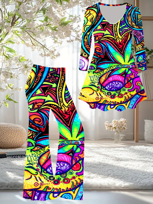 Plus Size, Women's Vintage Bohemian Print 2pcs Set- Loose Top& Flared Pants, Bright Multi-Color(Pink, Green, Yellow, Orange, Purple, Red)