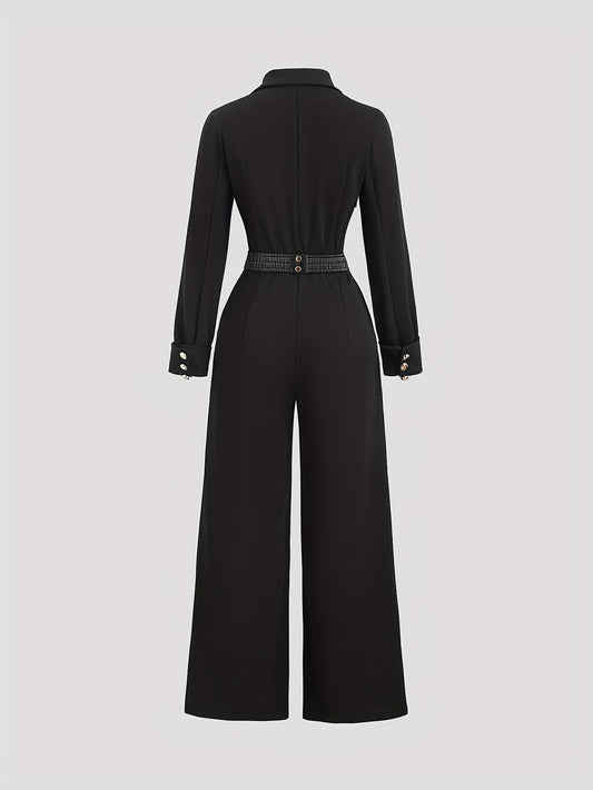 Women'S Elegant Black Pantsuit - Formal & Casual Business Outfit with Double Button Front, Structured Wide-Leg Trousers, All-Season Professional Attire for Office, Events, Casual Attire - Women'S Formal Pantsuit, Office Wear,